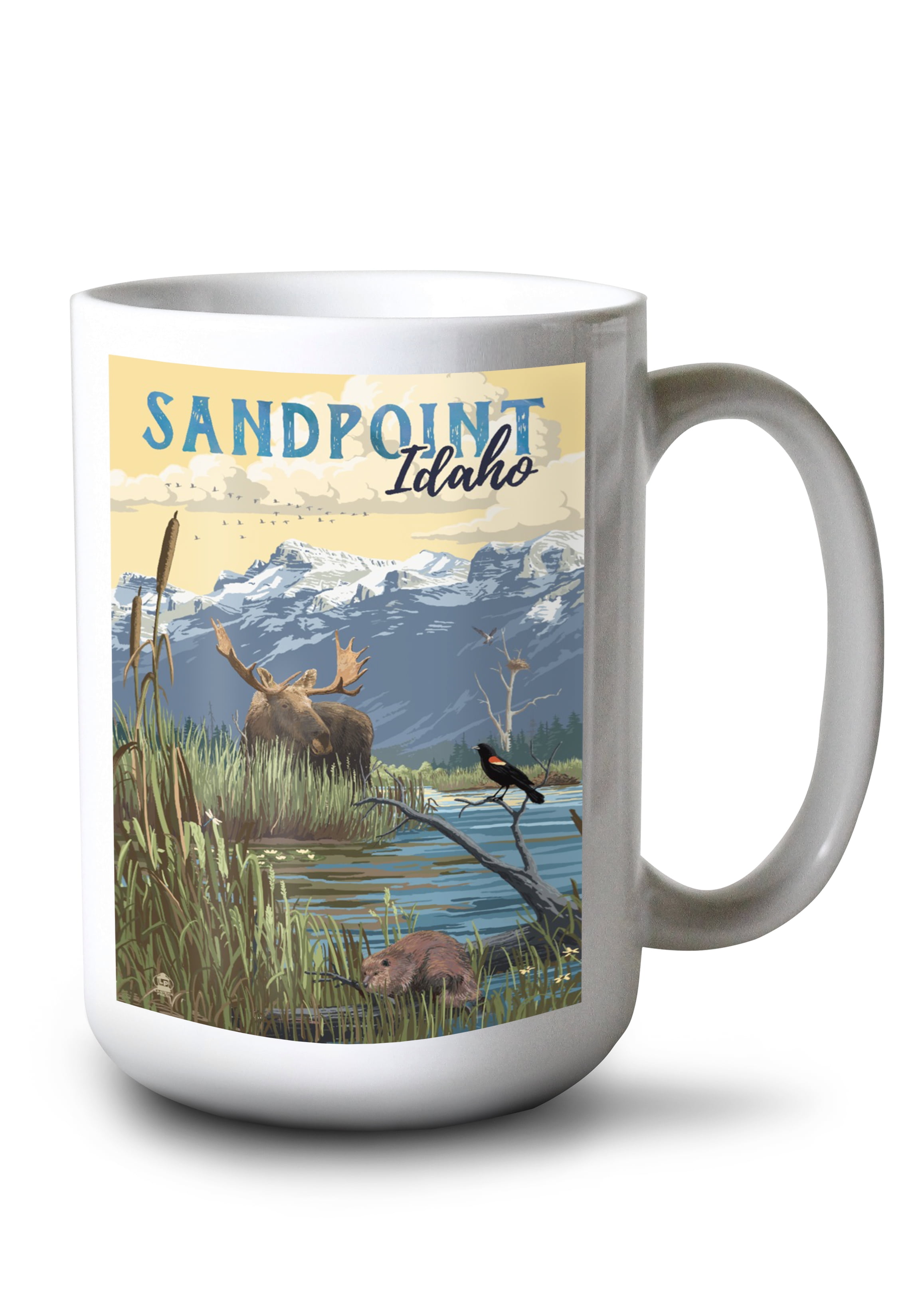 15 fl oz Ceramic Mug, Sandpoint, Idaho, Moose, Mountain, and Marsh
