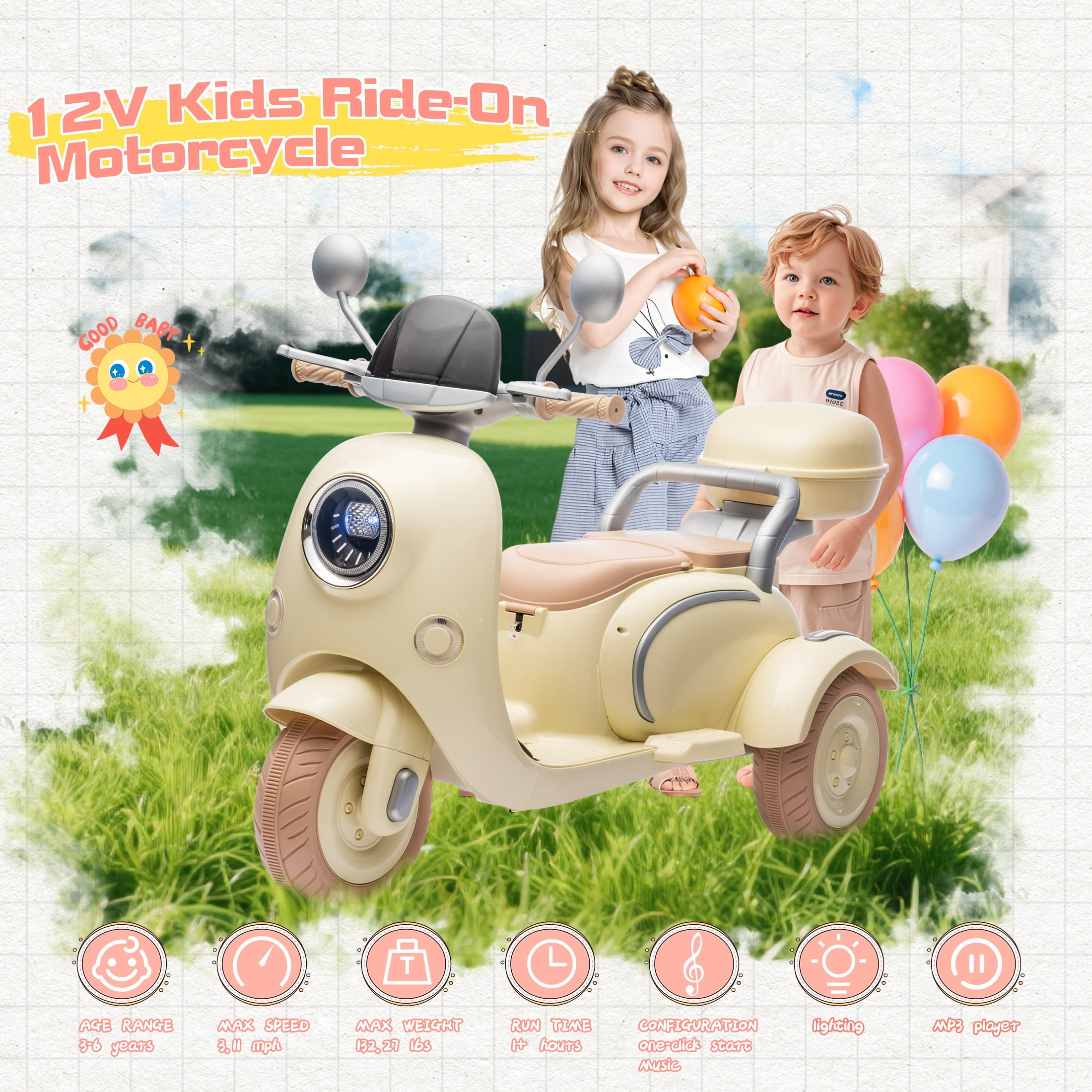 Dvsripa 12V Kids Electric Motorcycle,2 Seater Ride on 3 Wheel Scooter,Multi-function player,USB,Bluetooth,light,Backseat flip adult seat,Oversized Storage Box for kids Aged 3-6,Beige