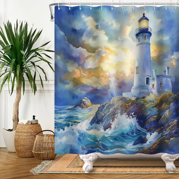 Coastal Lighthouse Shower Curtain Ocean Nautical Bathroom Curtain Decor 72x72 in