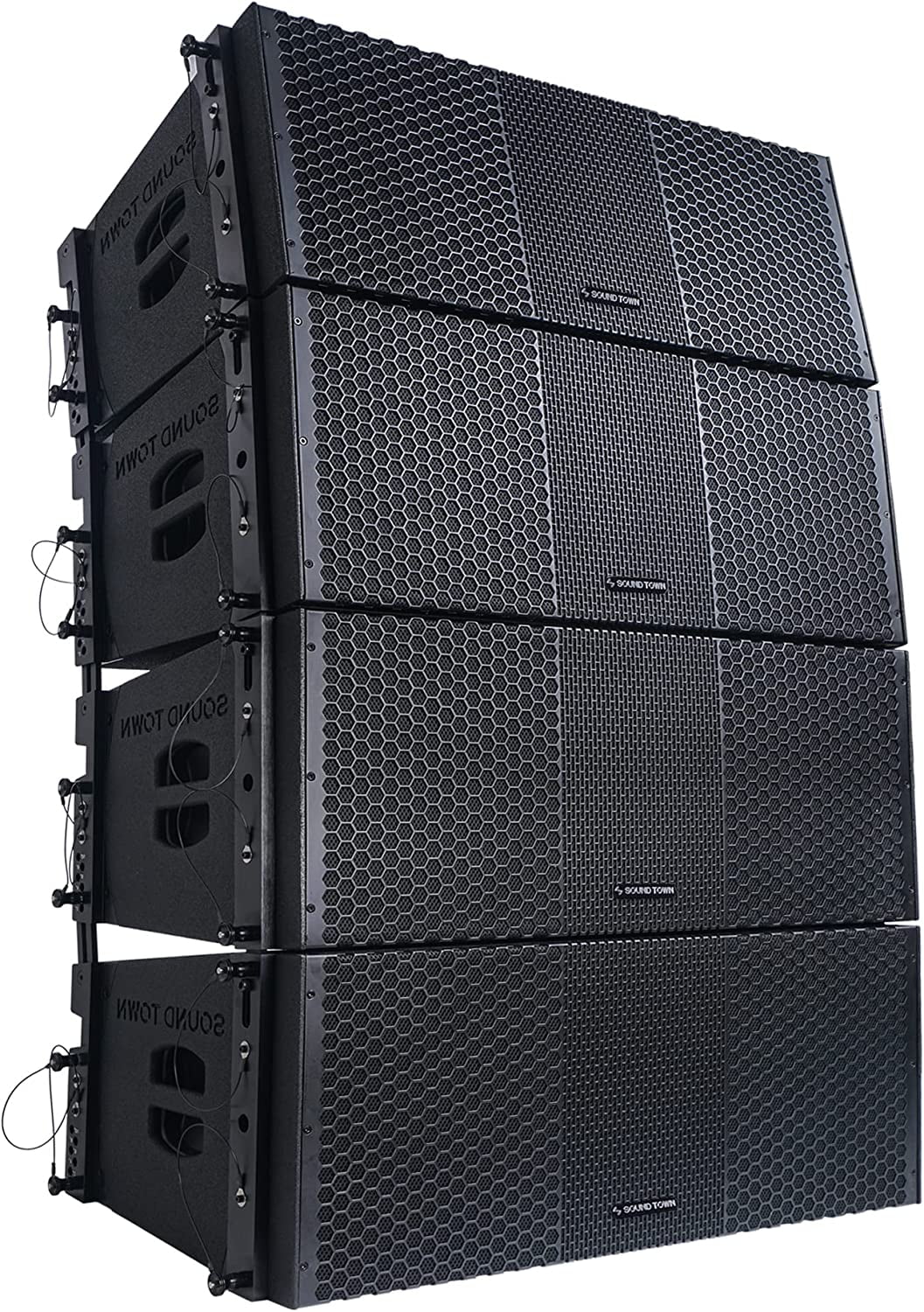 Sound Town ZETHUS Four Dual 10-inch Line Array Speaker System with Dual Titanium Compression Drivers, Full Range/Bi-amp Switchable, Black (ZETHUS-210B-2PAIRS)