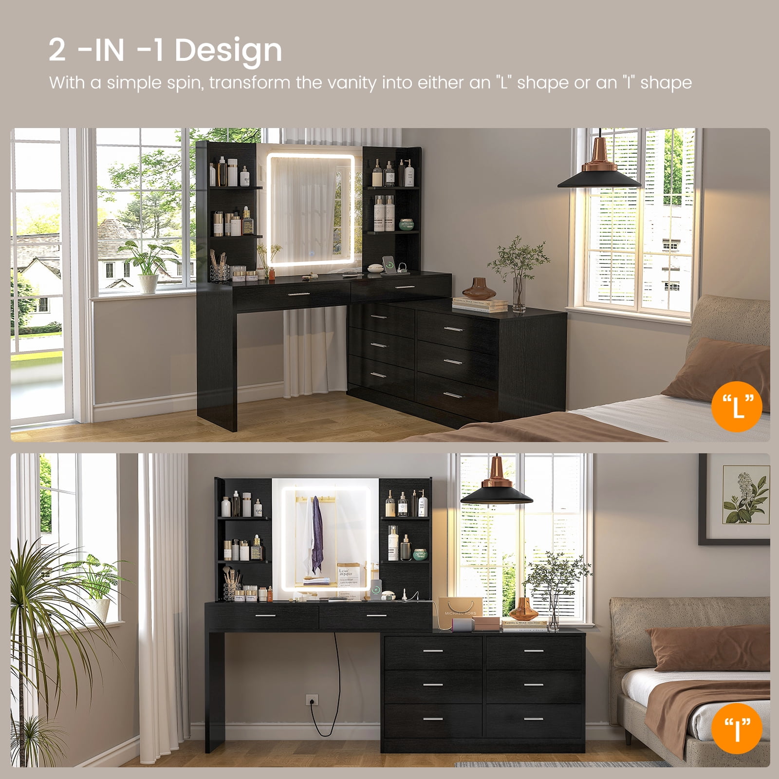 39.4”Makeup Vanity Set with LED Light Mirror & Power Outlet, 8 Drawers, 3 Color Modes & Adjustable Brightness, Corner Vanity, L Shape Change, Black