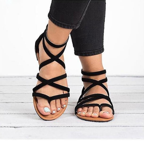 Sandalias de gladiador para mujer, planas, con tiras en el tobillo, informales, de verano, zapatos romanos