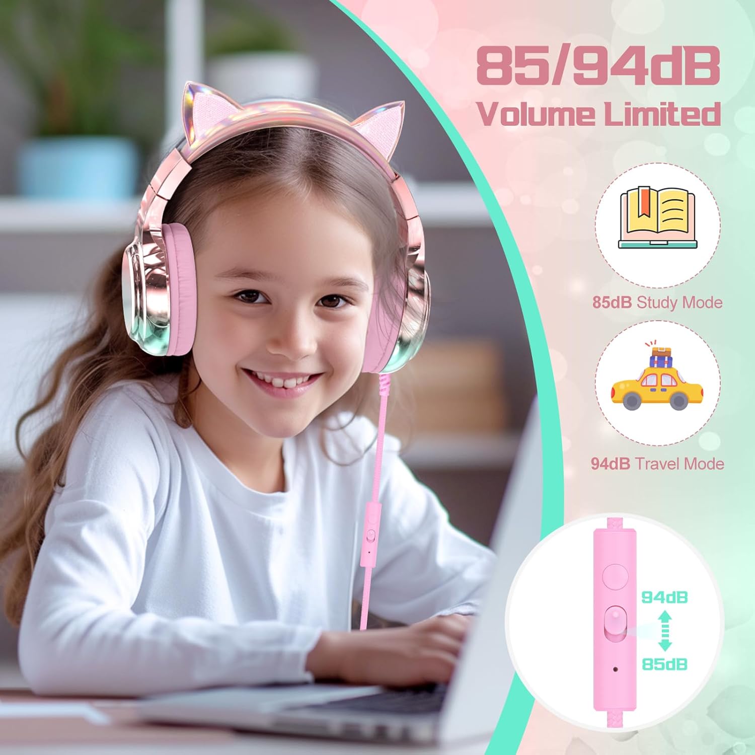 QearFun Kids Cat Ear Wired Headphones with Mic, 85/94dB Volume Limiter photo 3