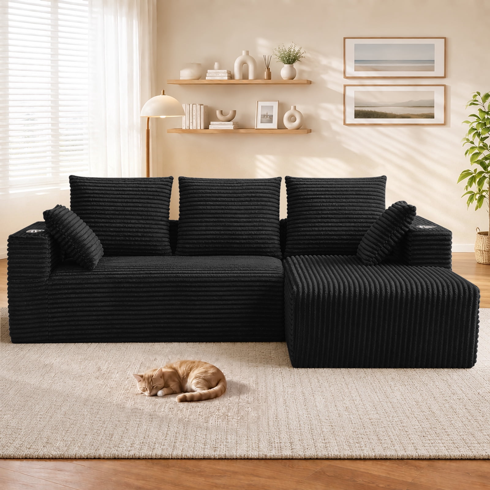 Lunale 95" Modular Sectional Sofa, L-Shaped Boneless Cloud Couch with Cup Holders, Modern Deep Seat Sofa for Living Room, Black (Right Facing Chaise)