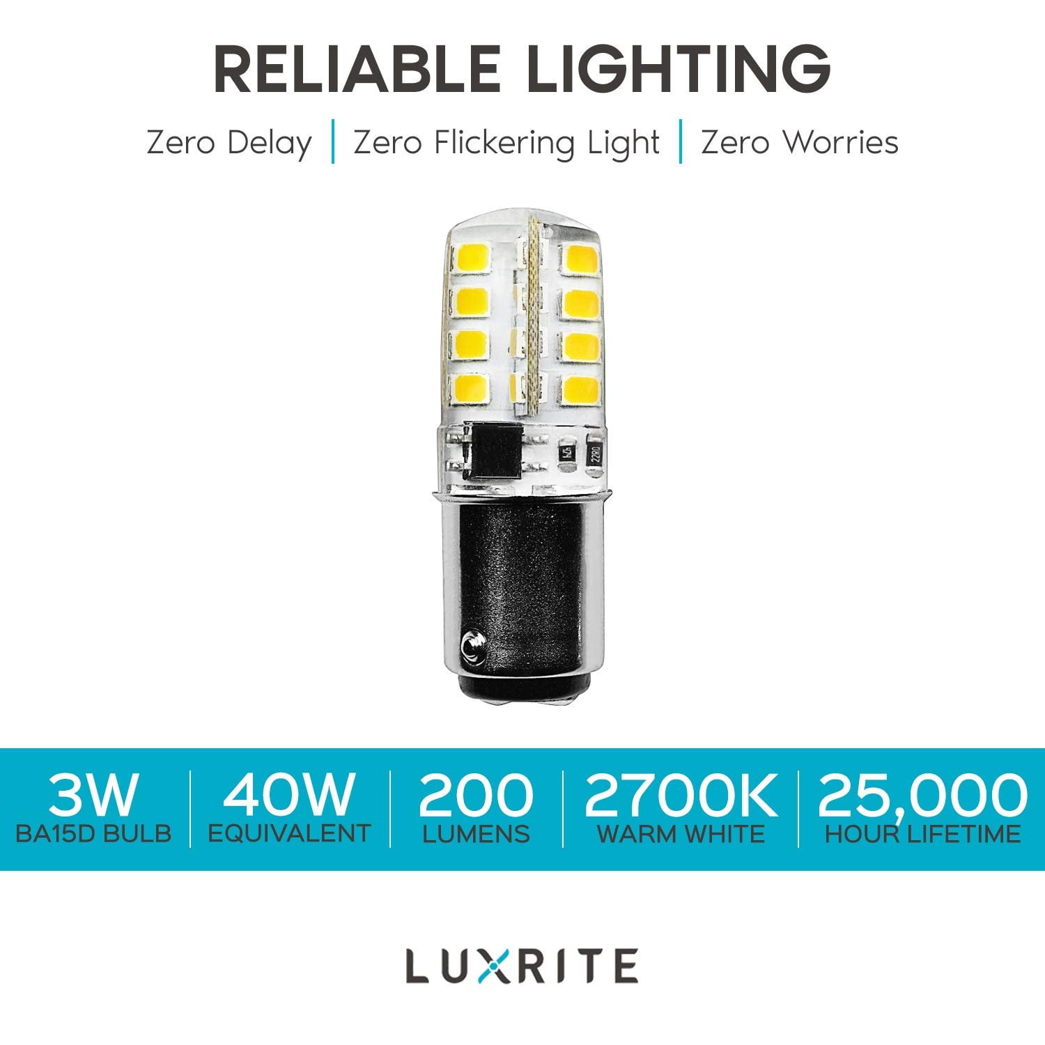 Luxrite BA15D LED Bulb, 3W=40W, Double Contact Bayonet Light Bulb, 2700K Warm White, 200 Lumens 4-Pack