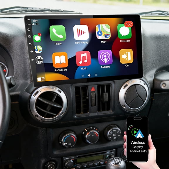 Eforcase 4 64GB Car Stereo for Jeep Wrangler JK 2007-2010 with Wireless CarPlay Android Auto Mirror Link, 10.1 Inch Touch Screen Car Radio with Bluetooth GPS Navigation WiFi FM SWC Backup Camera