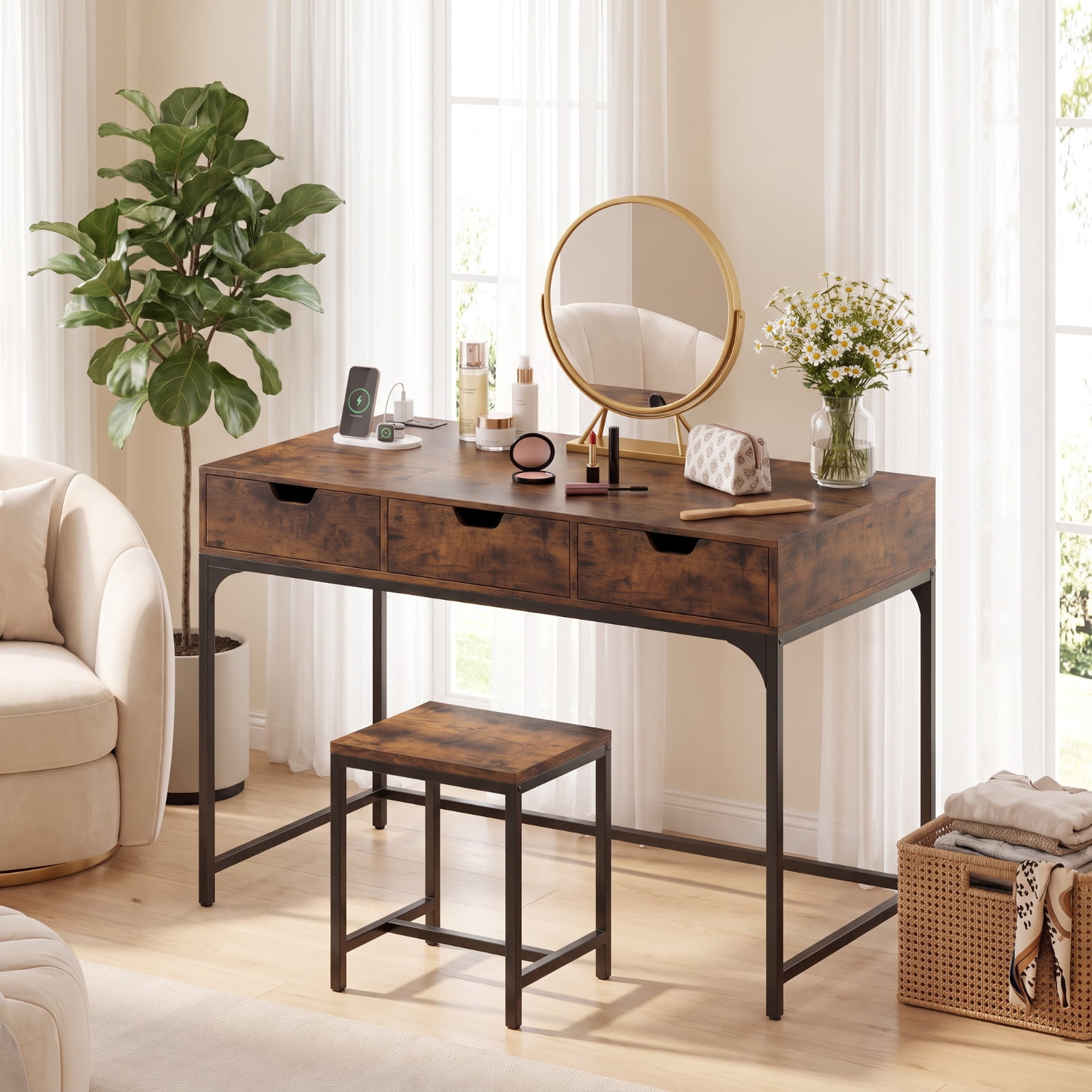 Furnibear Office Desk with Power Outlets and Hidden Compartment Drawers for Home Office Study Computer Desk with Charging Station, Rustic Brown