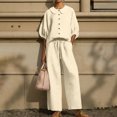thumbnail image 2 of UDAUDU 2 Piece Outfit for Womens Linen Casual Collar Blouse And Wide Leg Pants Daily Wear for Women Beige XL, 2 of 6