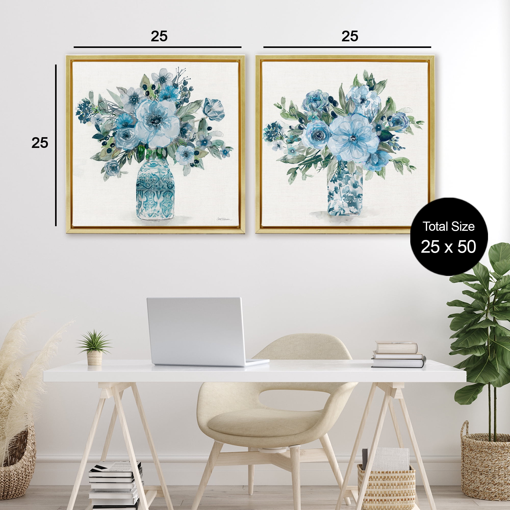 Stupell Industries Pastel Blue Floral Vase Arrangements 2 Piece Gold Framed Floater Canvas Set, design by Carol Robinson