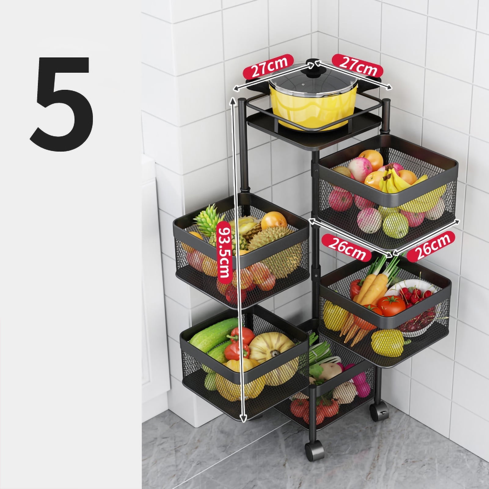 Shelf Rotating Kitchen Storage Rotatable Rack Stable Metal Revolving Basket With Wheels For Fruit VegetableSquare Black 5 Layer Walmart