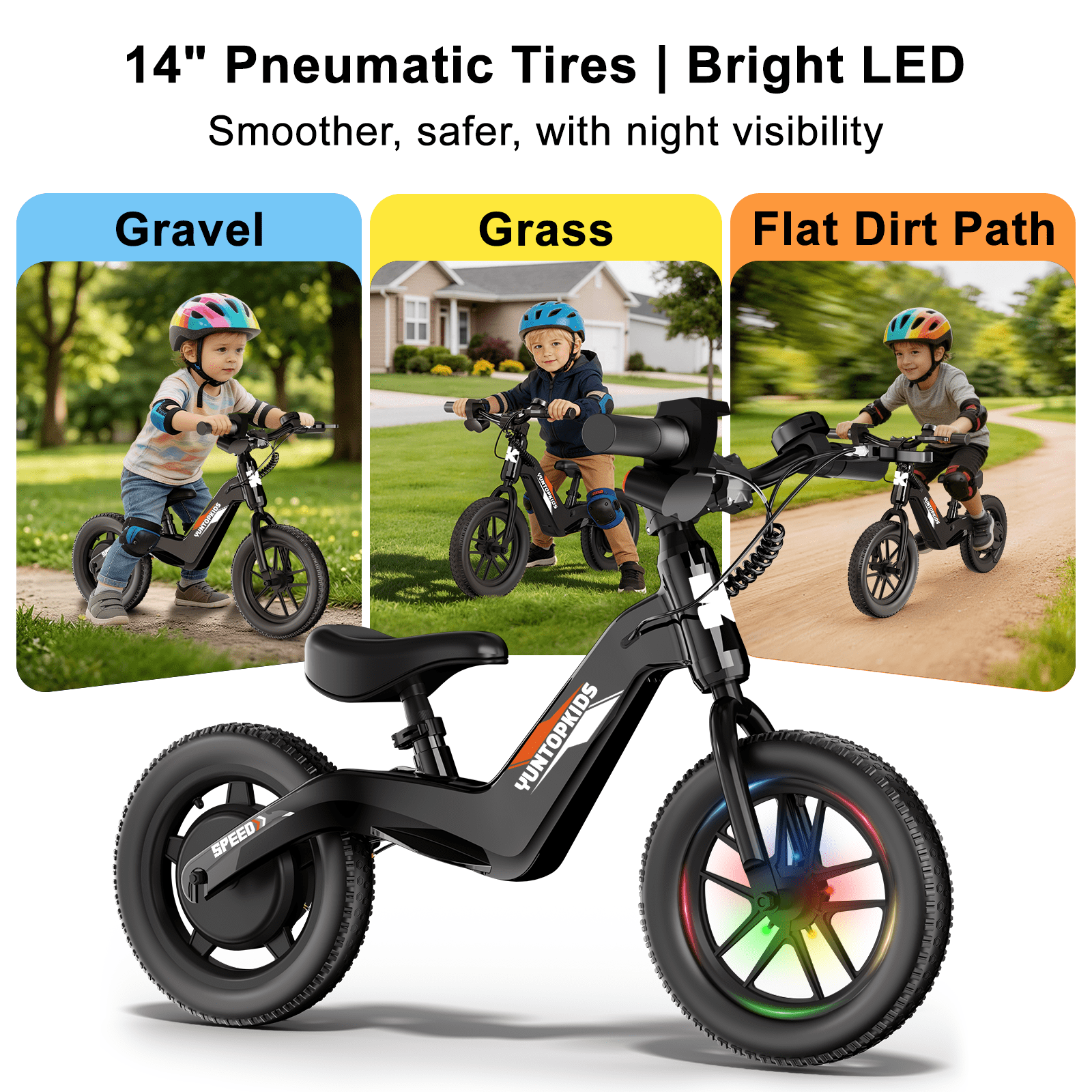 YunTopKids Electric Bike for Kids, 180W Motor Electric Balance Bike with 14 Inch Pneumatic Tires, up to 9.3MPH& 3 Speed Settings, Adjustable Seat for Ages 3-6,Black