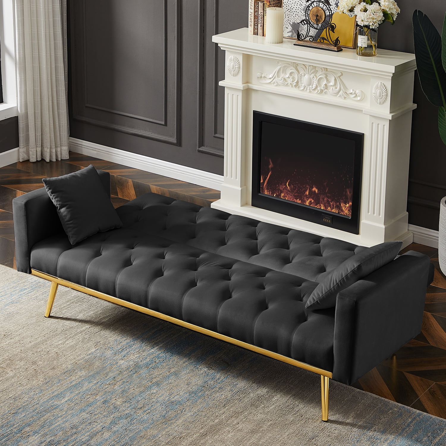 Kadyn Upholstered Convertible Futon Couch, Folding Sofa Bed with Armrests, Modern Velvet Futon Sofa Bed for Living Room, Compact Living Space, Black