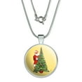 thumbnail image 1 of Christmas Holiday Santa Decorating Tree 1" Pendant with Sterling Silver Plated Chain, 1 of 4
