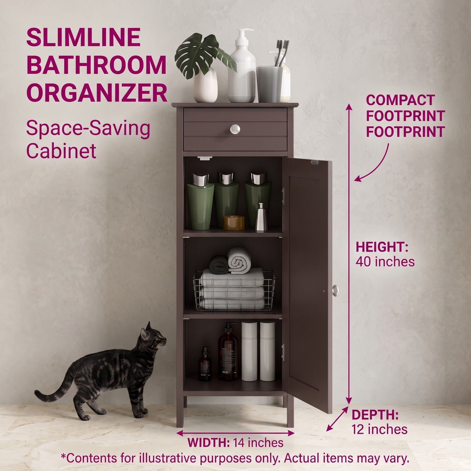 Fenbeli Wooden Floor Storage Cabinet, Free-Standing Bathroom Organizer with Drawer and 2 Adjustable Shelves, Narrow Side Cabinet for Living Room Bedroom, Brown