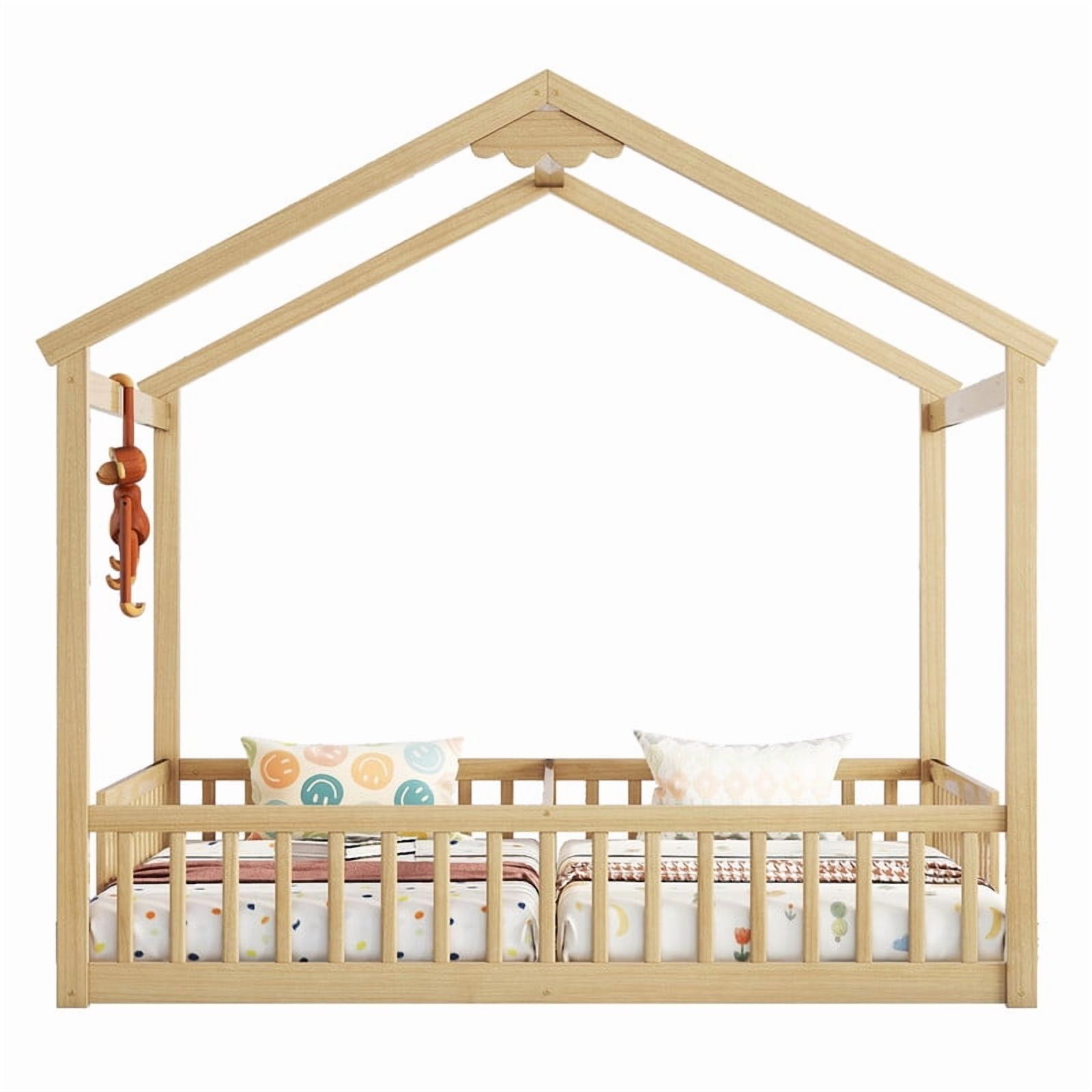 Mirightone Double Twin Bed Frames for , Twin House Bed for 2，Wood Montessori Floor Beds Frame with Fence Railings,（Natural）