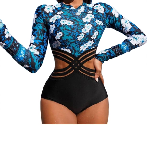 Augper Women Long Sleeve Sexy With Chest Pad without Underwire Print Deep V Swimming Trunks Swimsuit