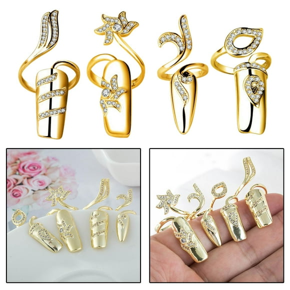 Paquete de 4 anillos de cubierta de protección de uñas de aleación ajustable con de imitación de cristal para Ladies dorado