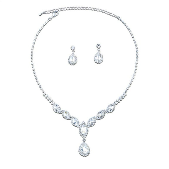 Bridal Jewelry Set Silver Crystal Teardrop Necklace Earrings Set For Wedding