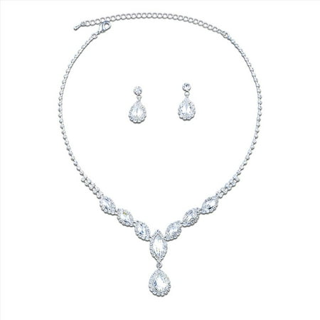 Teardrop Necklace And Earring Set - Bridal Jewelry Set Silver Crystal Teardrop Necklace Earrings Set For Wedding