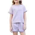thumbnail image 3 of VBTAPA 2 Piece Sets for Kids Summer Outfits Toddler Boys Girls Stripe T Shirts and Shorts Matching Lounge Set Purple 5-6Years, 3 of 8