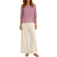 thumbnail image 5 of Womens 2 Piece Linen Suits 3/4 Sleeve Embroidered Top Wide Leg Pants Casual Summer Vacation Lounge Boho Matching Outfits, 5 of 6