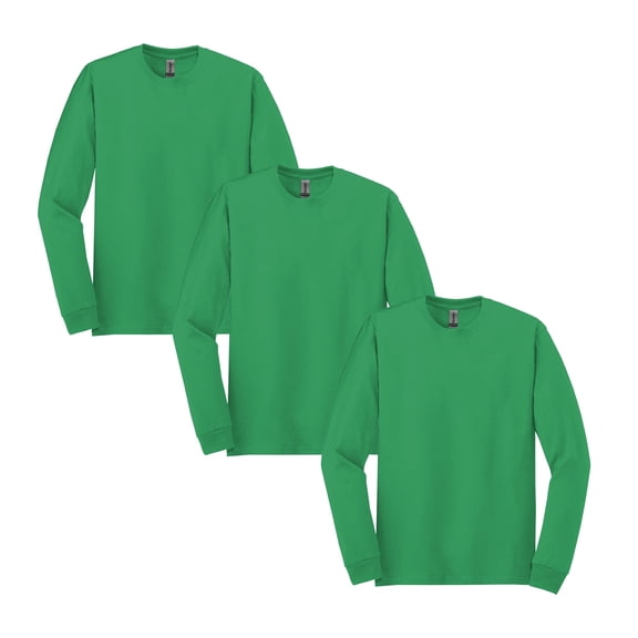 Gildan Bulk Heavy Cotton Long Sleeve Shirt, Casual Crewneck Tee, Irish Green, Pack of 3, S