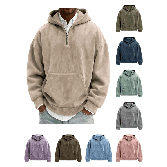 Atkumj Mens Pullover Hoodies with Half Zip Vintage Fashion Solid Color Hooded Sweatshirt Casual Long Sleeve Fall Hoodies with Kangaroo Pocket S