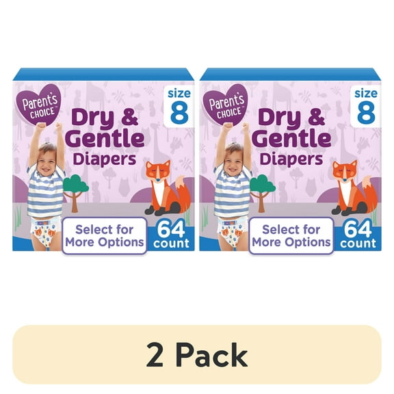 (2 pack) Parent's Choice Dry & Gentle Diapers Size 8, 64 Count (Select for More Options)