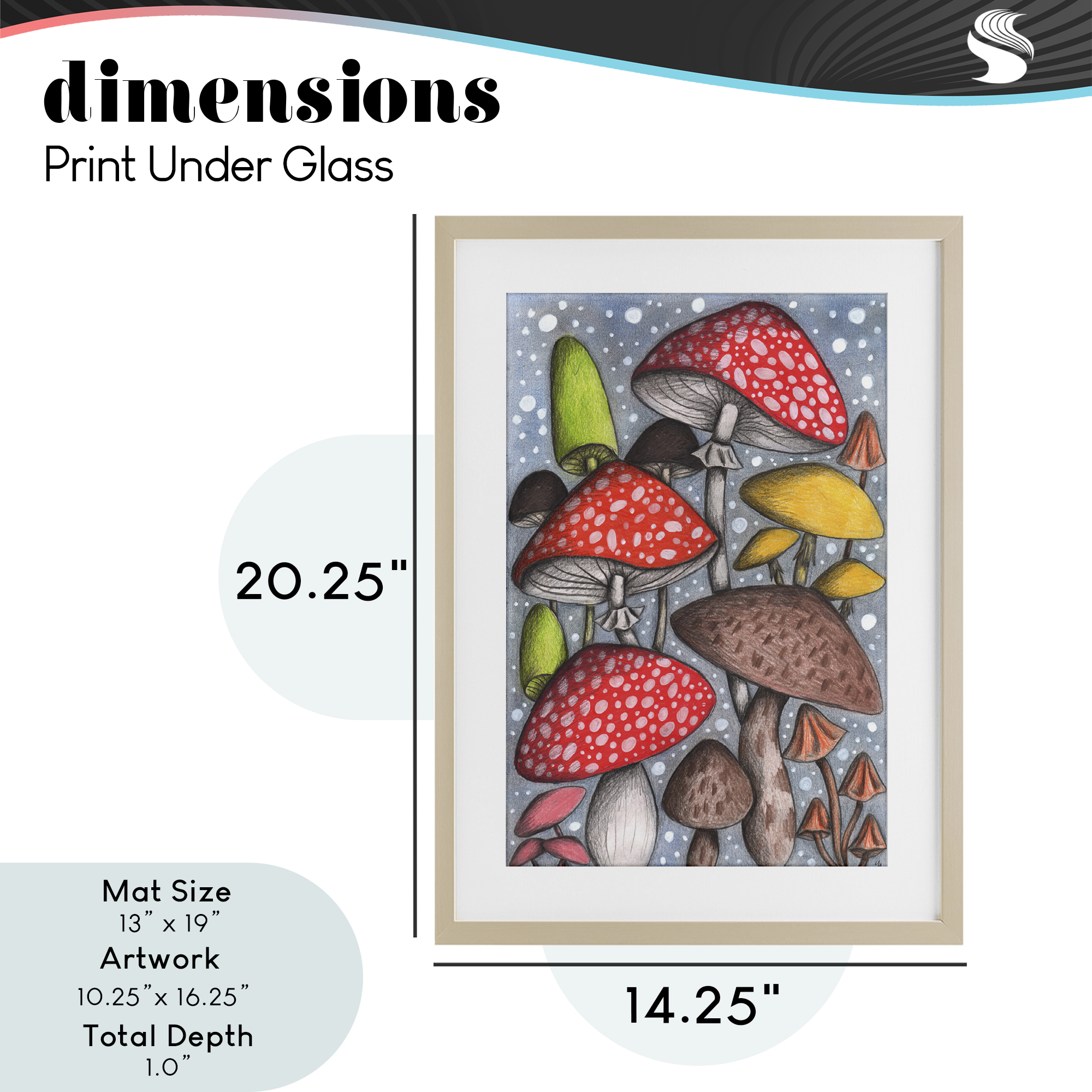 Sketched Magical Mushrooms Birch Framed Print Under Glass, design by Cecilia Battaini