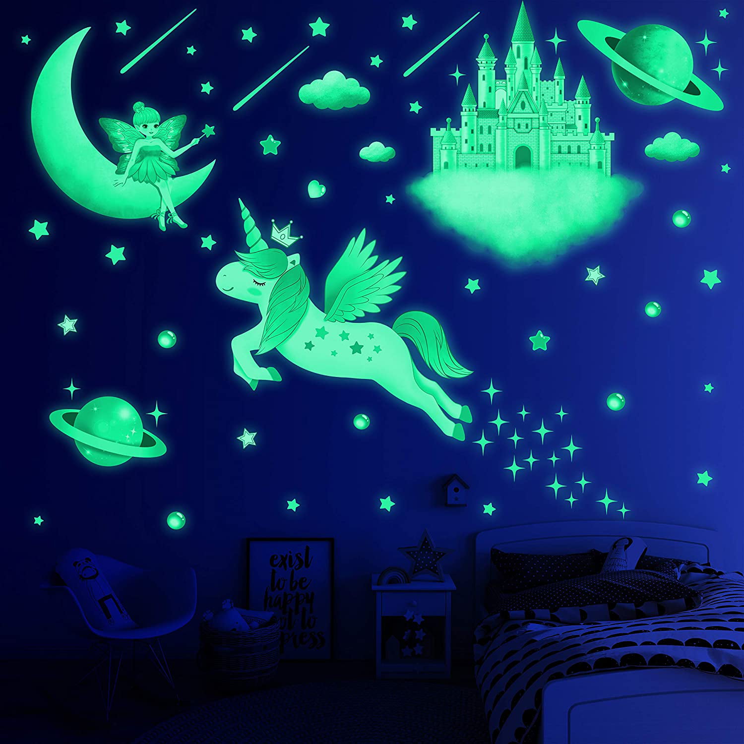 Luminous Unicorn Wall Stickers Kids Room Home Decor Glow In The Dark Stars Decal 