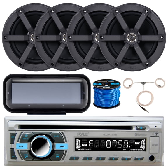 Pyle PLCD43MRB Single DIN Bluetooth MP3 USB AUX AM/FM Radio Stereo Receiver   Remote Control with 4x JVC CSMS620 6.5" 2-Way 100W Max Marine Speakers, Universal Radio Cover, Speaker Wire   Antenna