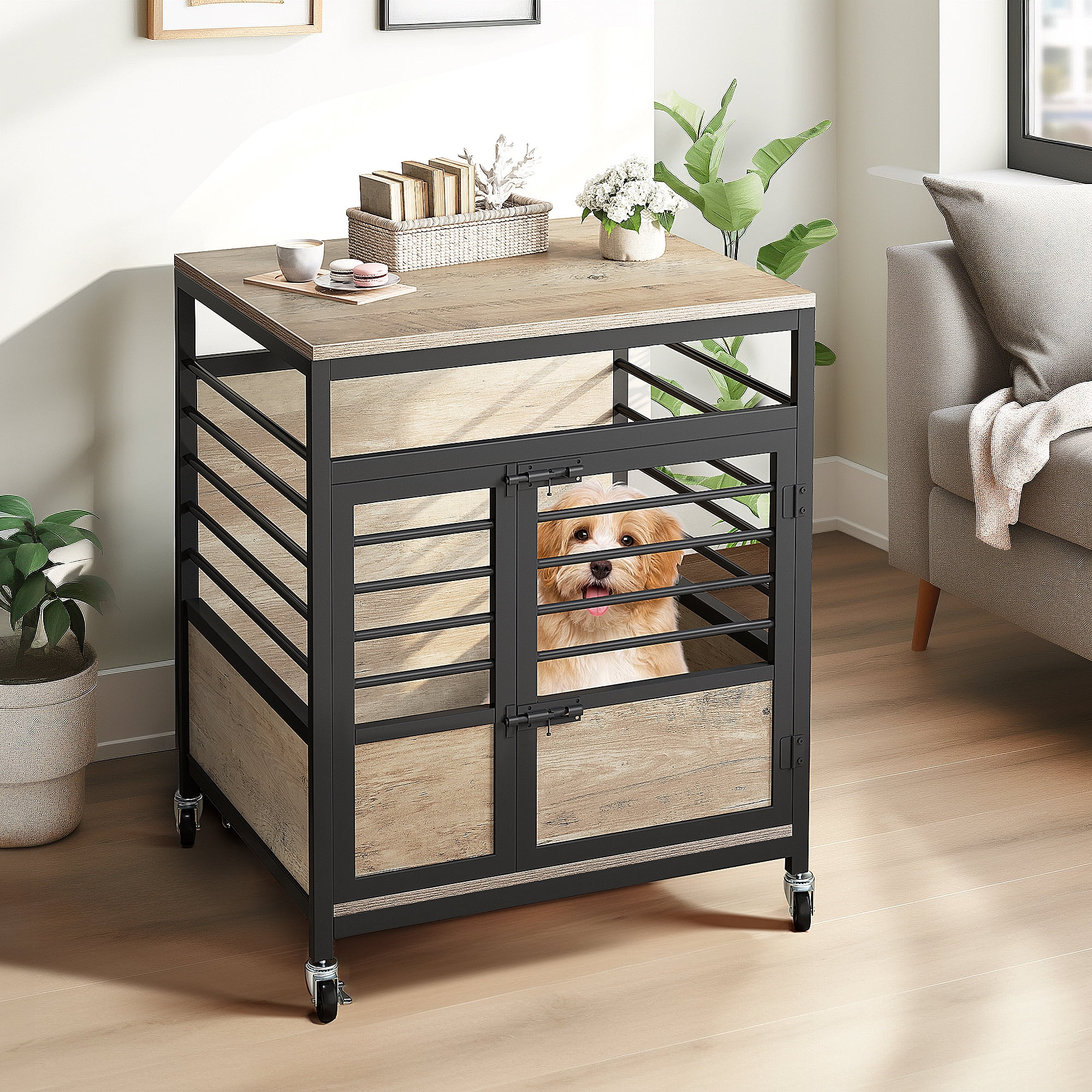 Dextrus 23.6" Dog Crate Furniture Wooden Dog House with Wheels, Dog Kennel Indoor for Small Medium Dogs - Brown & Black