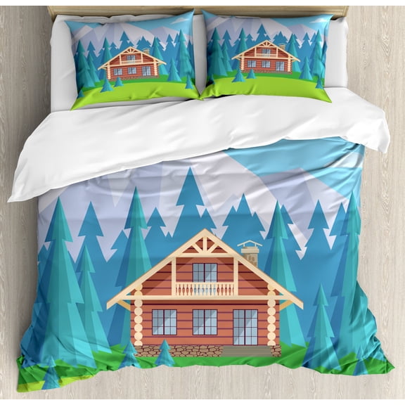 Log Cabin Duvet Cover Set Queen Size, Image of a Wooden House in Environment Surrounded with Fir Trees and Mountains, Decorative 3 Piece Bedding Set with 2 Pillow Shams, Multicolor, by Ambesonne