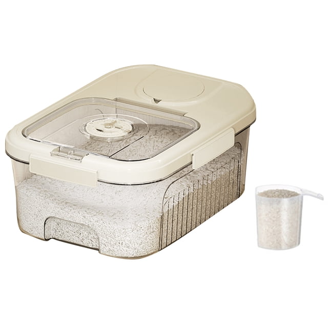 Caja de almacenamiento de arroz transparente sellada con interruptor magnético, contenedor de almacenamiento de granos de cocina para alimentos secos, pequeña, color blanco crema.