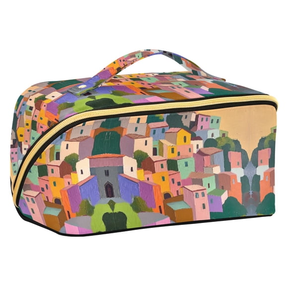 FORMRS Makeup Bag Travel Cosmetic Organizer for Women Fold Flat Zipper Pouch with Handle, Purple Cityscape Painting