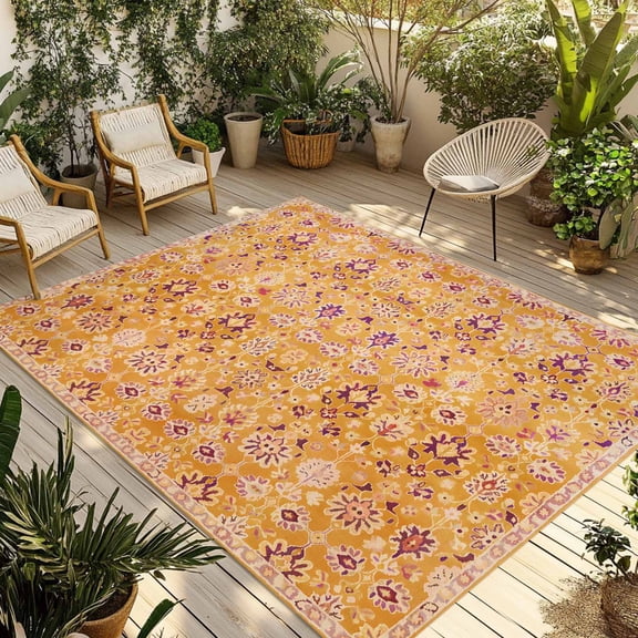 Fsddascl Orange Yellow Boho Outdoor Rug for Patio/Deck/Porch, Non-Slip Large Area Rug 4 x 6 Ft, Vintage Shabby Abstract Geometric Art Indoor Outdoor Rugs Washable Area Rugs, Camping Rug Carpet