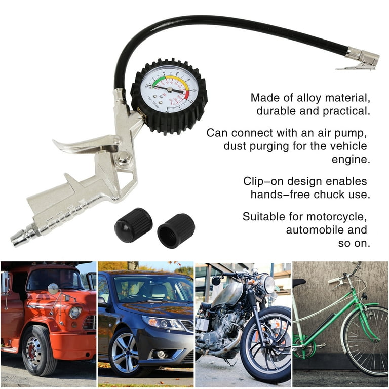 Car Tire Inflator Air Pressure Gauge 220 PSI with Lock On Chuck Rubber Hose Car Tire Inflator Air Pressure Gauge 220 PSI with Lock On Chuck Rubber Hose