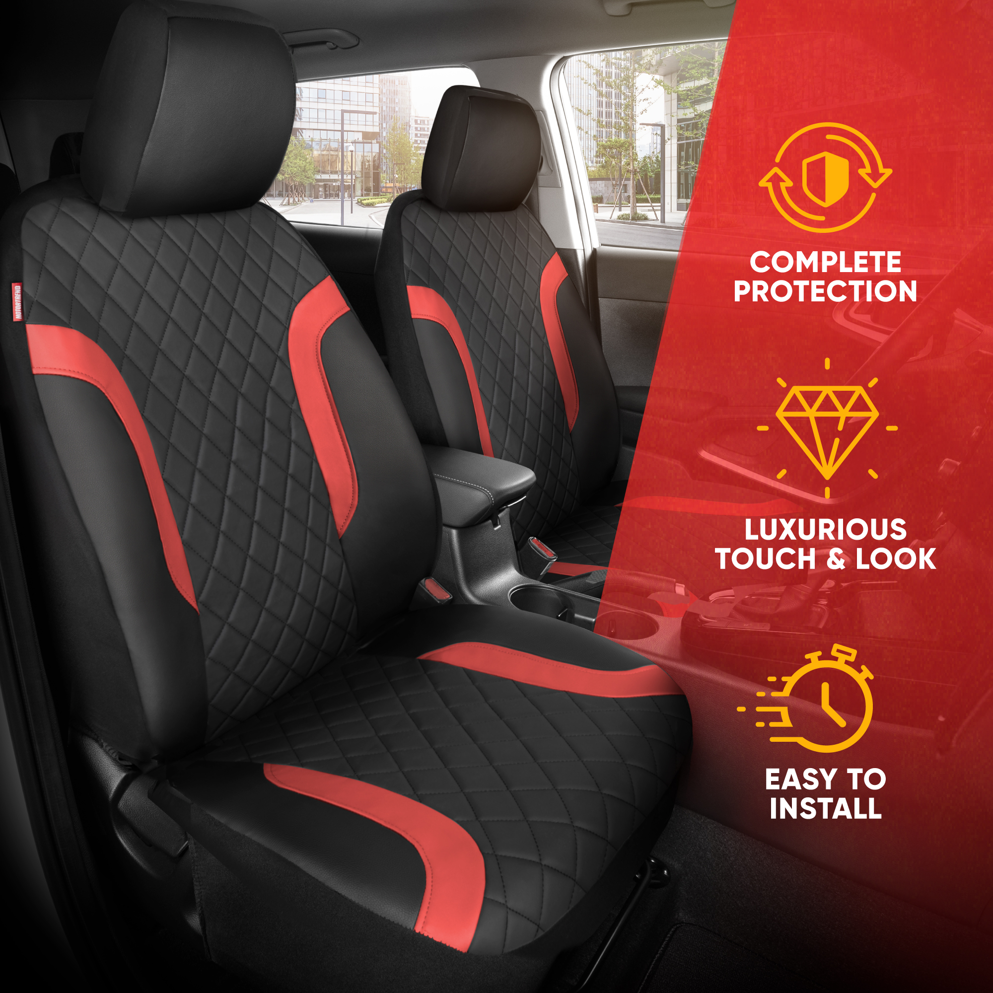 Motor Trend Leather Seat Covers For Trucks, Cars, & SUV - Front Black & Red Car Seat Cover Set - Universal Fit For Most Automotive Seats - Forros Para Asientos De Carro - CarSeat Covers Accessories