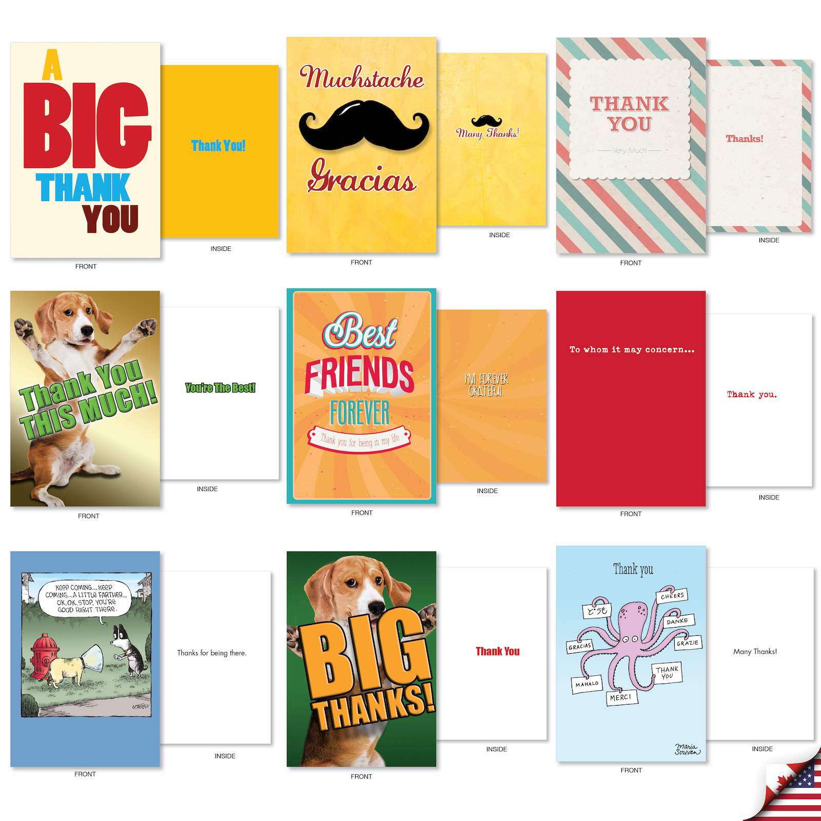 NobleWorks 36 Assorted Box Set Funny Thank You Greeting Cards w/5 x 7 Inch Envelopes (36 Designs, 1 Each) Thanks A Lot AC7738TYG-B1x36