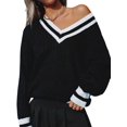 thumbnail image 3 of Women'S Casual V Neck Long Sleeve Sweater Trendy Striped Pullover Cable Knit Preppy Sweaters Black L, 3 of 9
