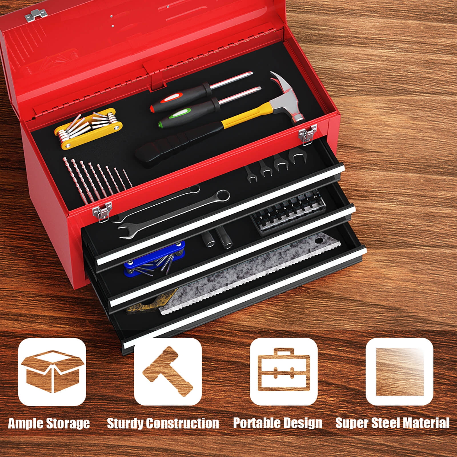 Costway Portable Tool Chest Box Storage Cabinet Garage Mechanic Organizer 3 Drawers Red+Black