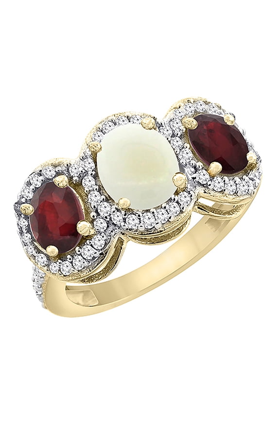 14K Yellow Gold Natural Opal & Enhanced Ruby 3-Stone Ring Oval Diamond Accent, size 6.5