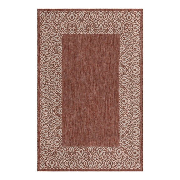 Unique Loom Outdoor Border Collection Area Rug - Floral Border (5' 3" x 8' Rectangle Rust Red/Ivory)