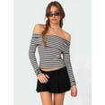 thumbnail image 4 of Women'S Striped Off-Shoulder Long Sleeve T-Shirt Color Blocking Slim Fit Basic Top Black & White M, 4 of 9