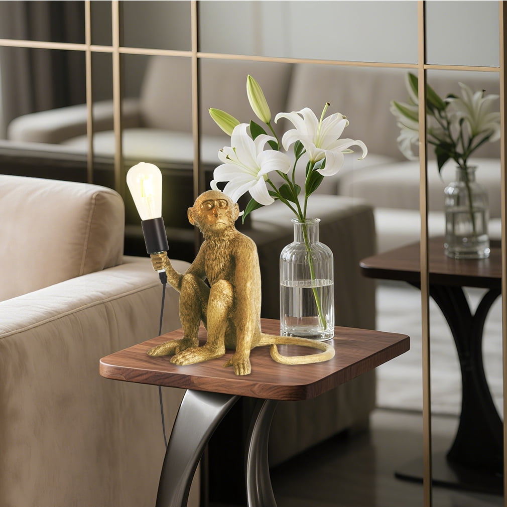 Elinkume Monkey Table Lamp, Resin Design Table Lamp, Bedroom, Living Room 4.33*12 inches (Gold)