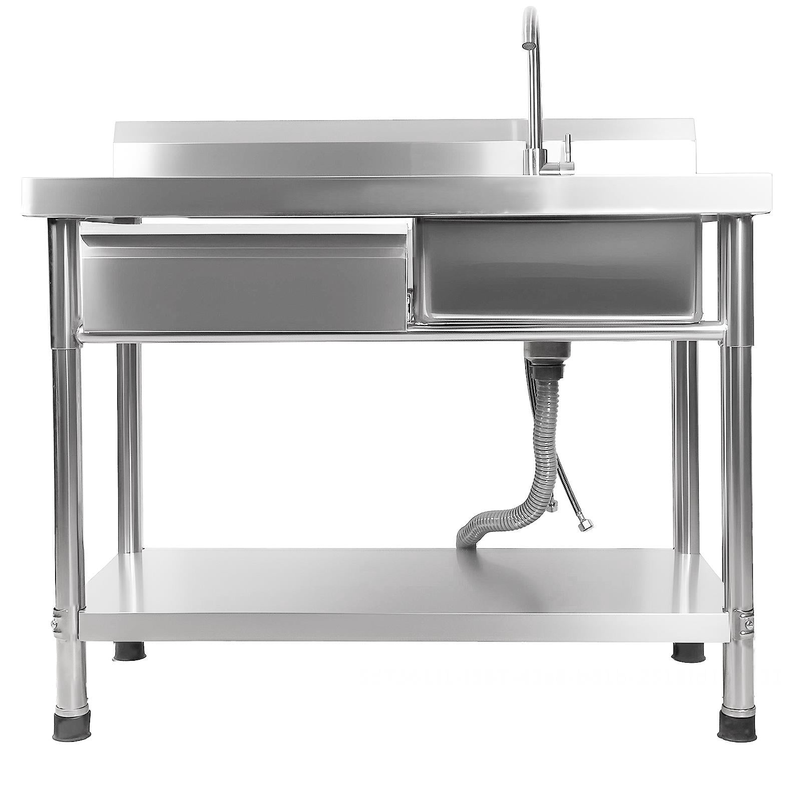 Free Standing Single Bowl Sink, Commercial Kitchen Sink with Drawer and Cold and Hot Faucet(360°), 40 Inch Stainless Steel Utility Sink with Workbench for Indoor & Outdoor Spaces