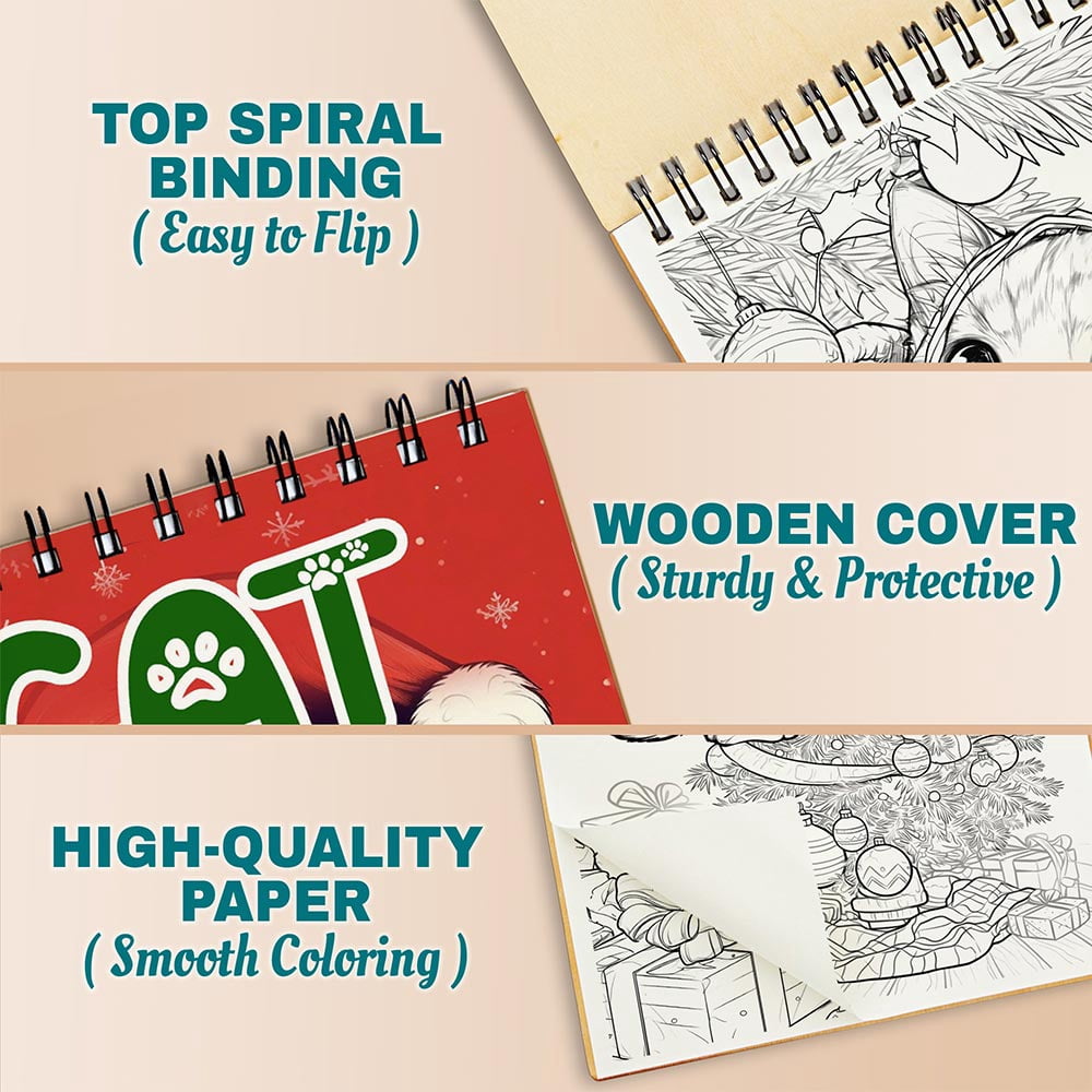 Netecom Christmas Cat Coloring Book Spiral Bound For Adults, A5 Wooden Cover, 30 Charming Coloring Pages of Cute Cats in Christmas Day for Stress Relief and Relaxation