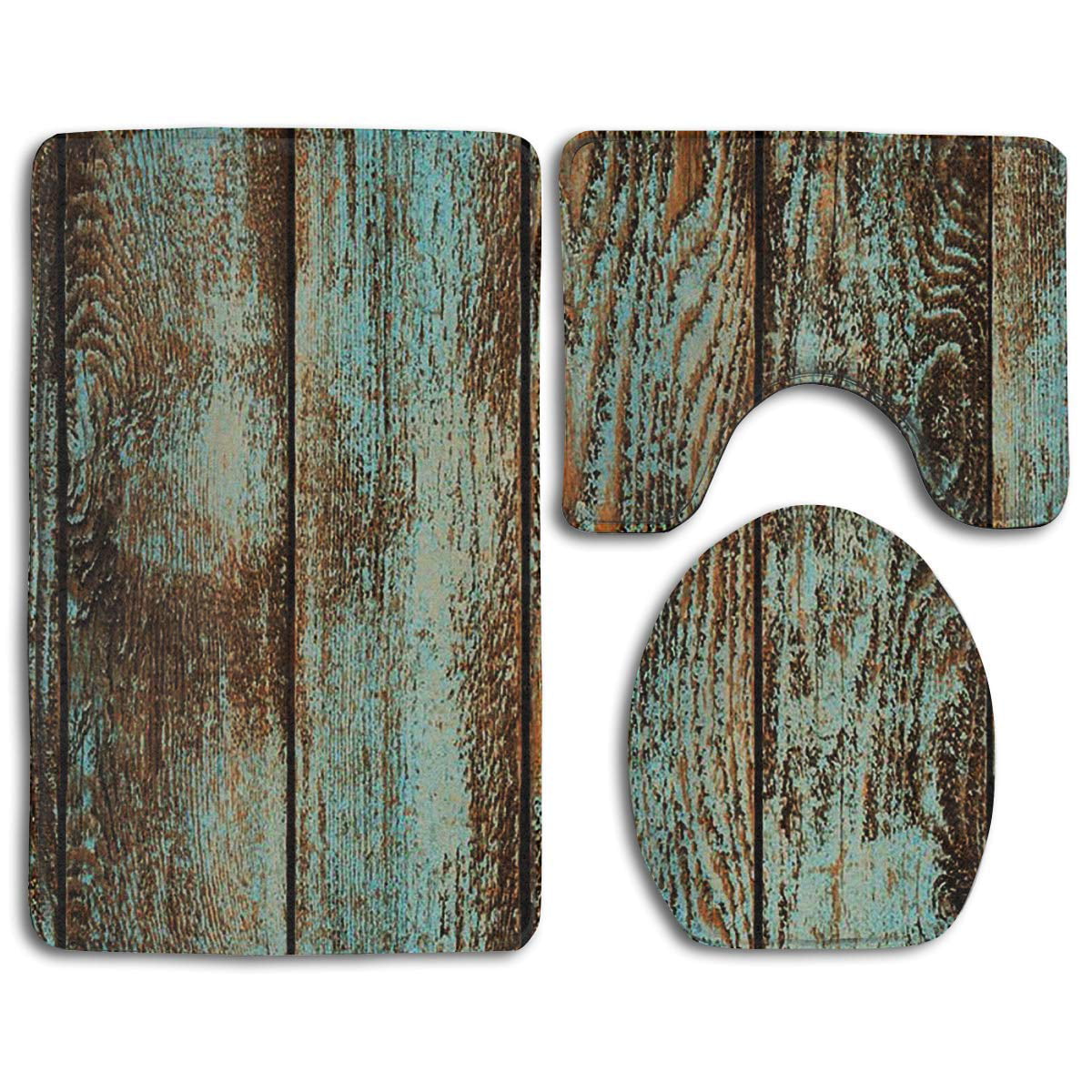 Gohao Rustic Old Barn Wood 3 Piece, Brown And Turquoise Bathroom Rugs