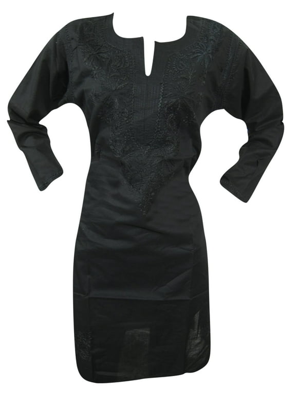 Mogul Women Black Floral Embroidered Long Tunic 3/4 Sleeves Ethnic Indian Style Cotton Kurti Dress