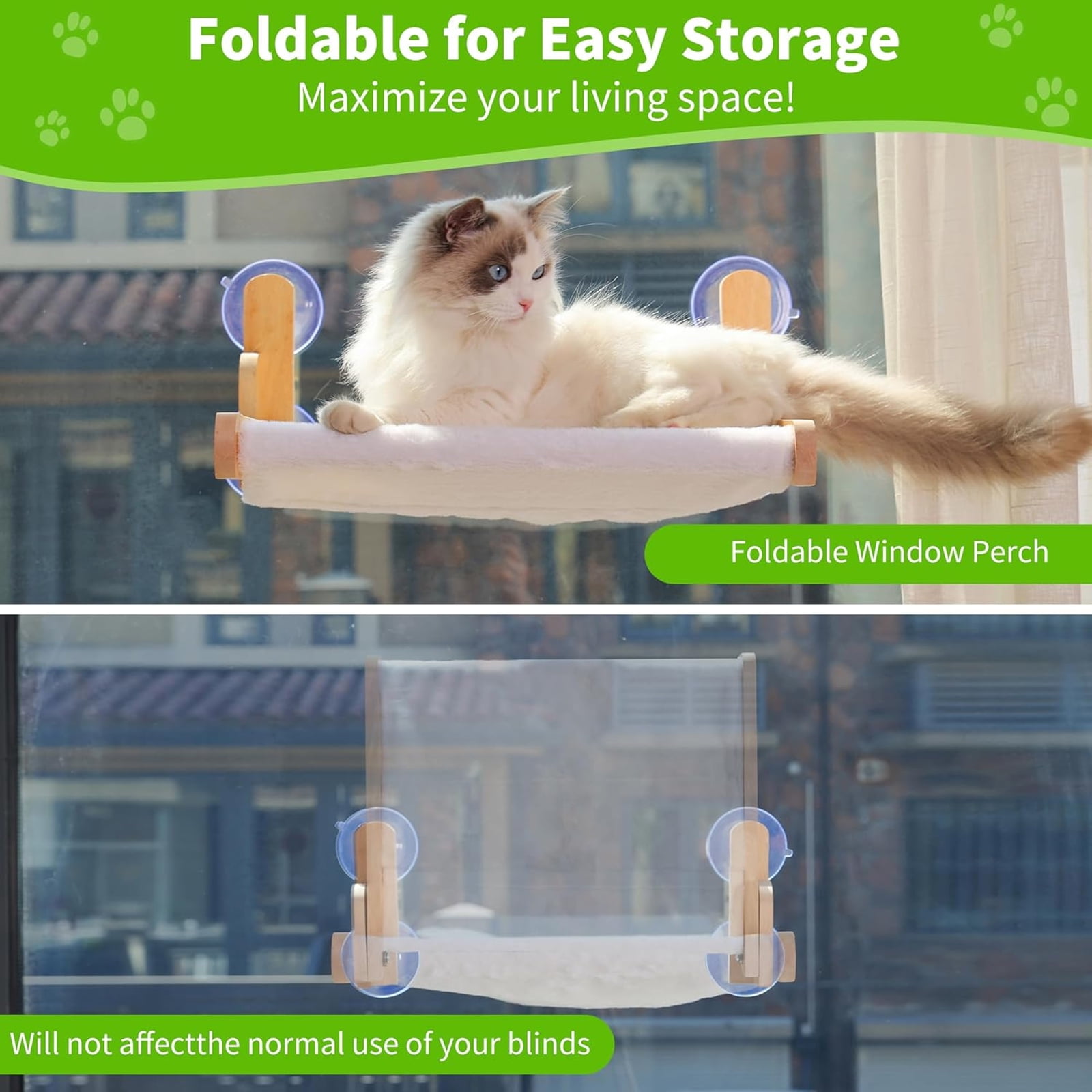 HQinX Cat Window Perch Wooden Frame Foldable Cat Hammock, Soft Faux Rabbit Fur Cover Washable, Strong Suction Cups No Drilling, Large Cat Bed